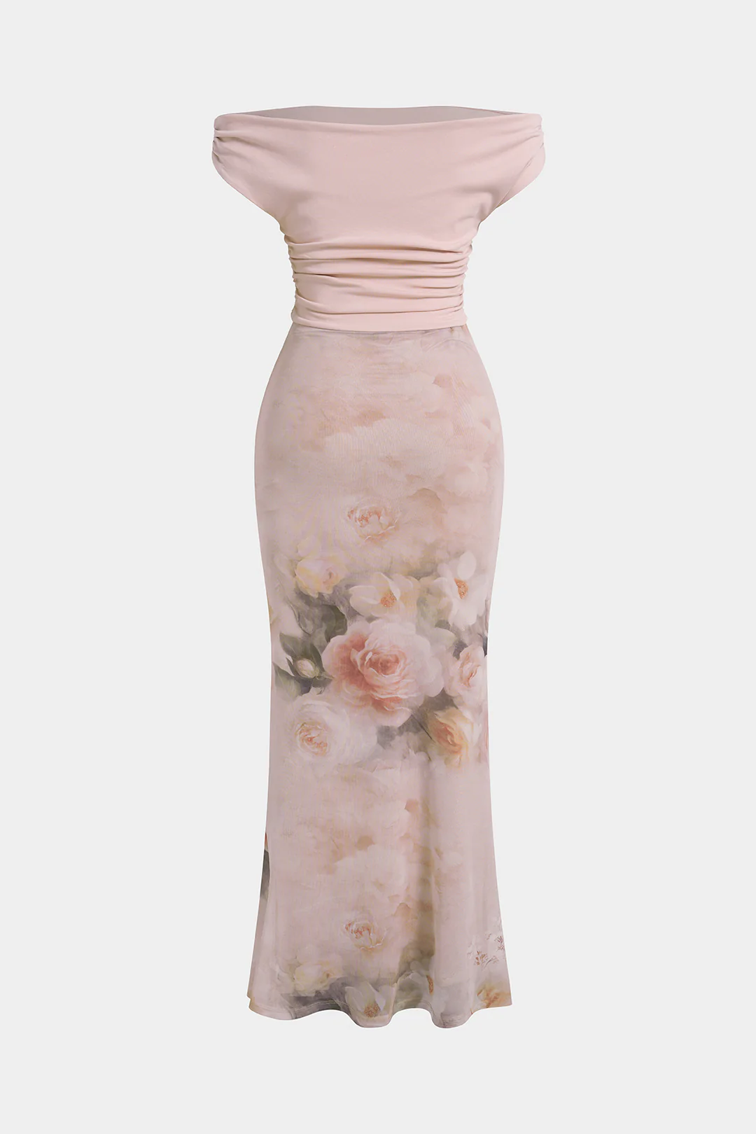 Foral Print Mesh Patchwork Off Shoulder Maxi Dress - Flockneti