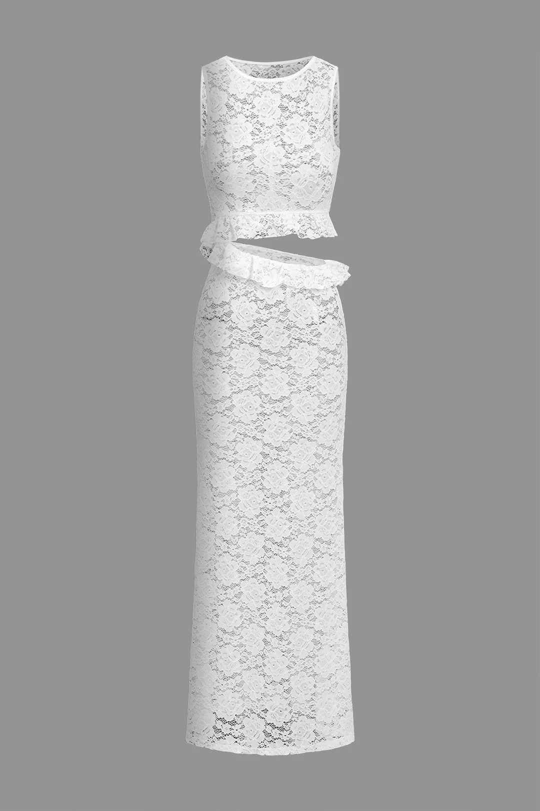 Lace Ruffle Cut Out Asymmetrical Sleeveless Maxi Dress - Flockneti