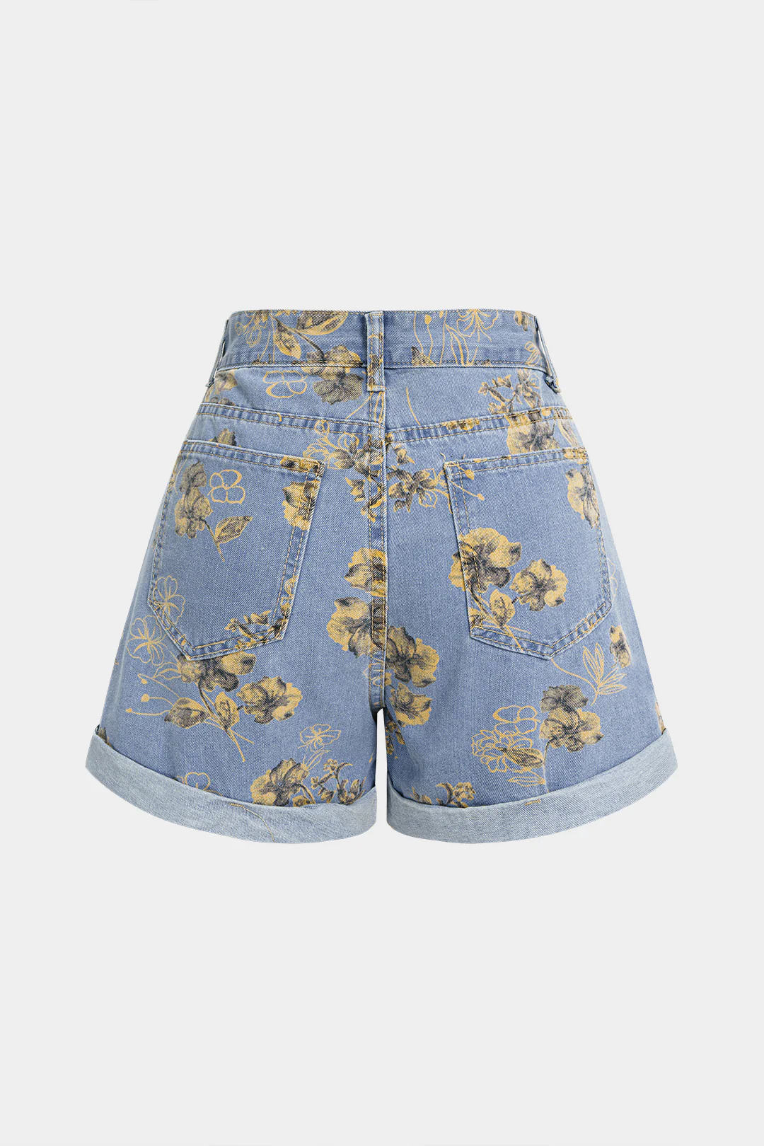Denim Floral Print High Waist Shorts - Flockneti