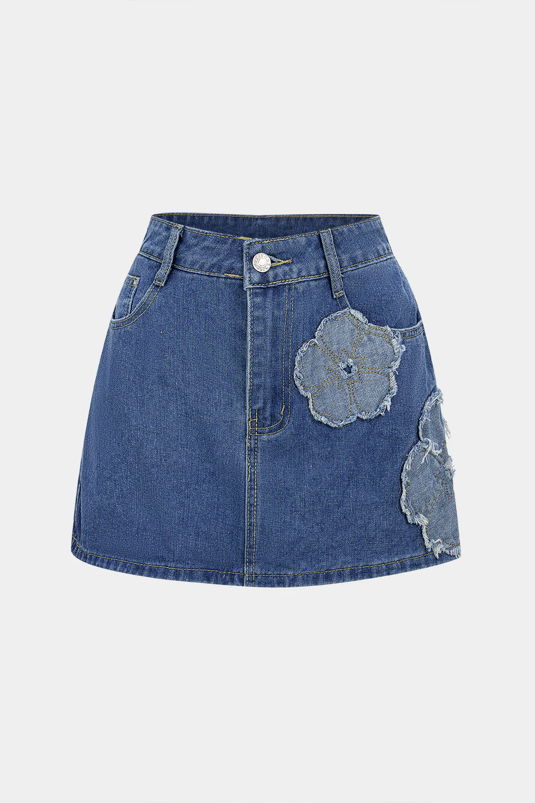 Denim Flower Applique High Waist Skirt - Flockneti