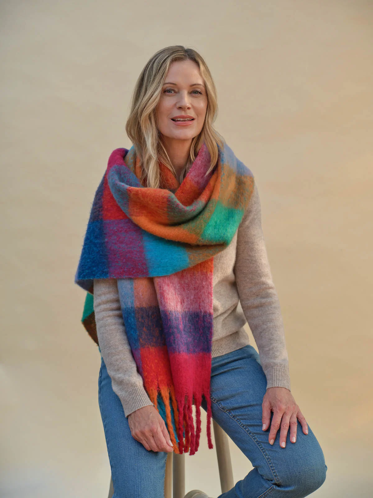 Fluffy Recycled Polyester Blanket Scarf - Multi Block Check - Flockneti