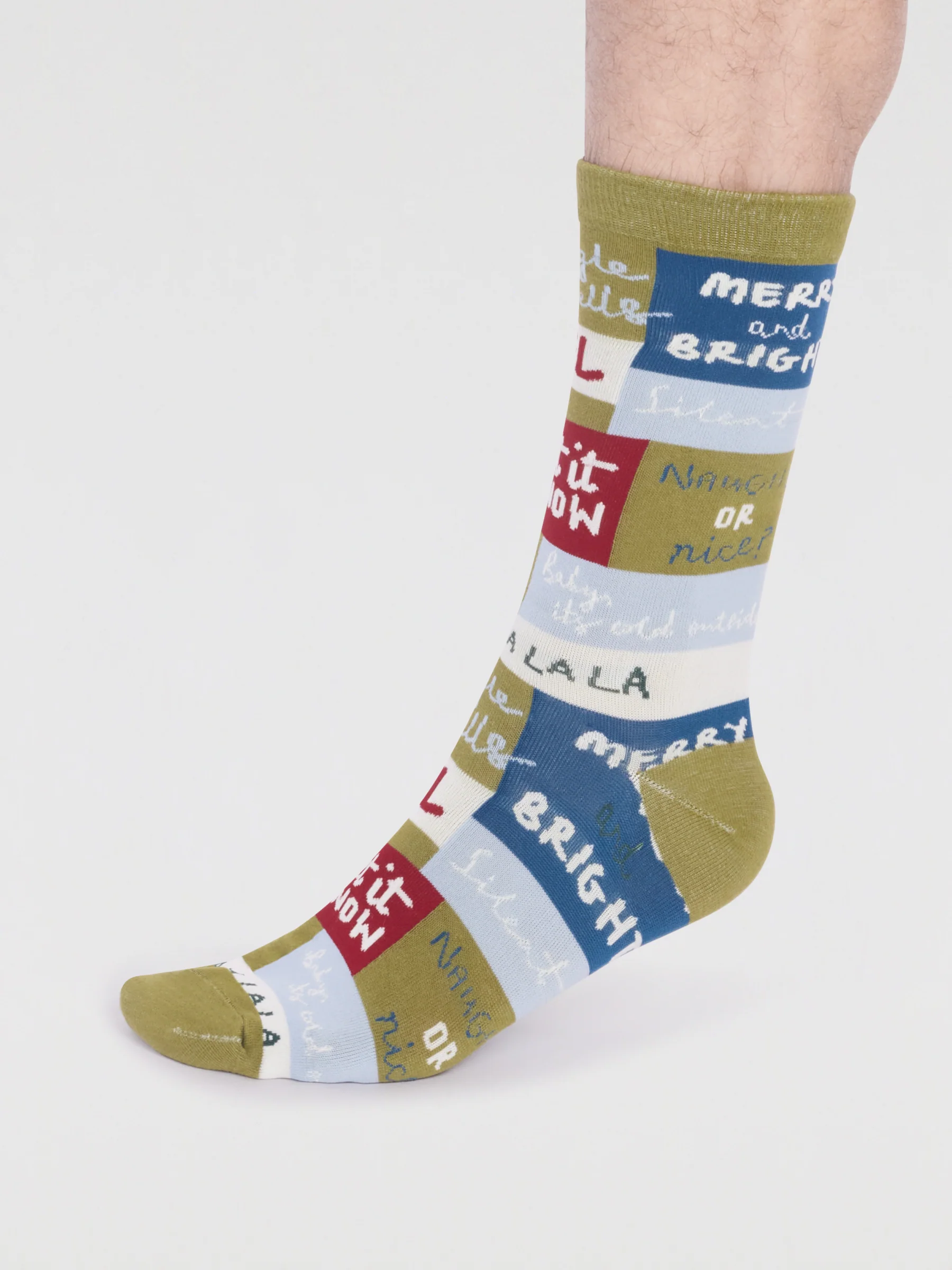 Caleb Organic Cotton Christmas Slogan Socks - Lichen Green - Flockneti