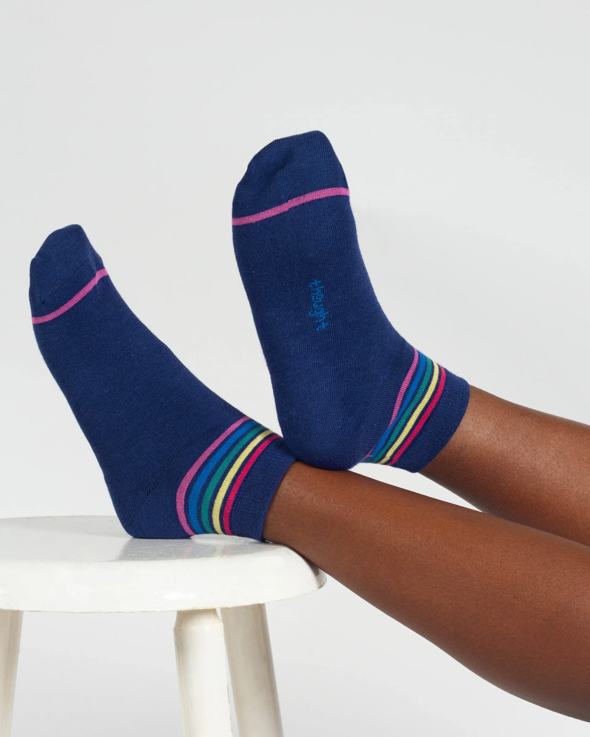 Rainbow Stripe Tipped Short Bamboo Ankle Socks - Blue Rainbow - Flockneti