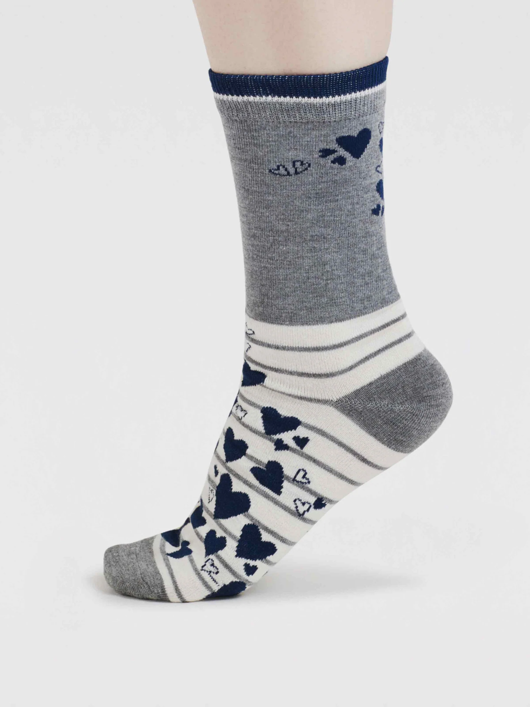 Eva Heart Stripe Bamboo Socks - Grey Marle - Flockneti