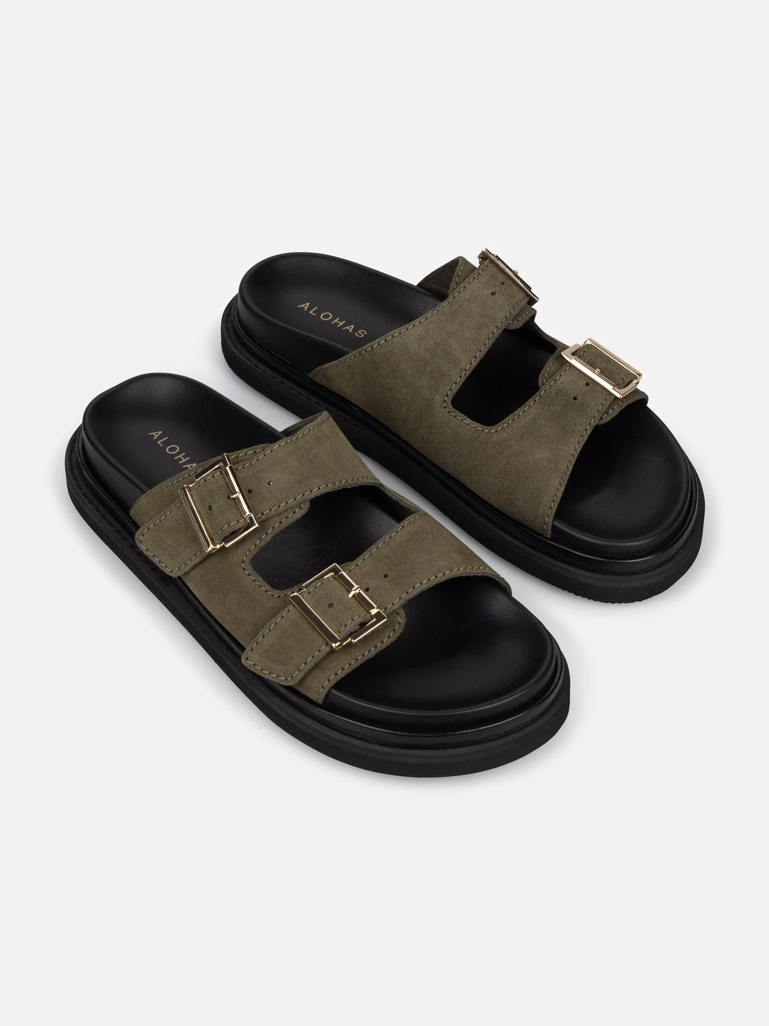 Alohas Buckle Strap Suede Khaki Sandal - Khaki - Flockneti