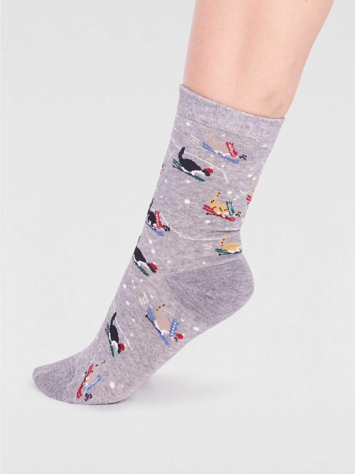 Amaryllis Organic Cotton Skiing Cat Sock - Grey Marle - Flockneti