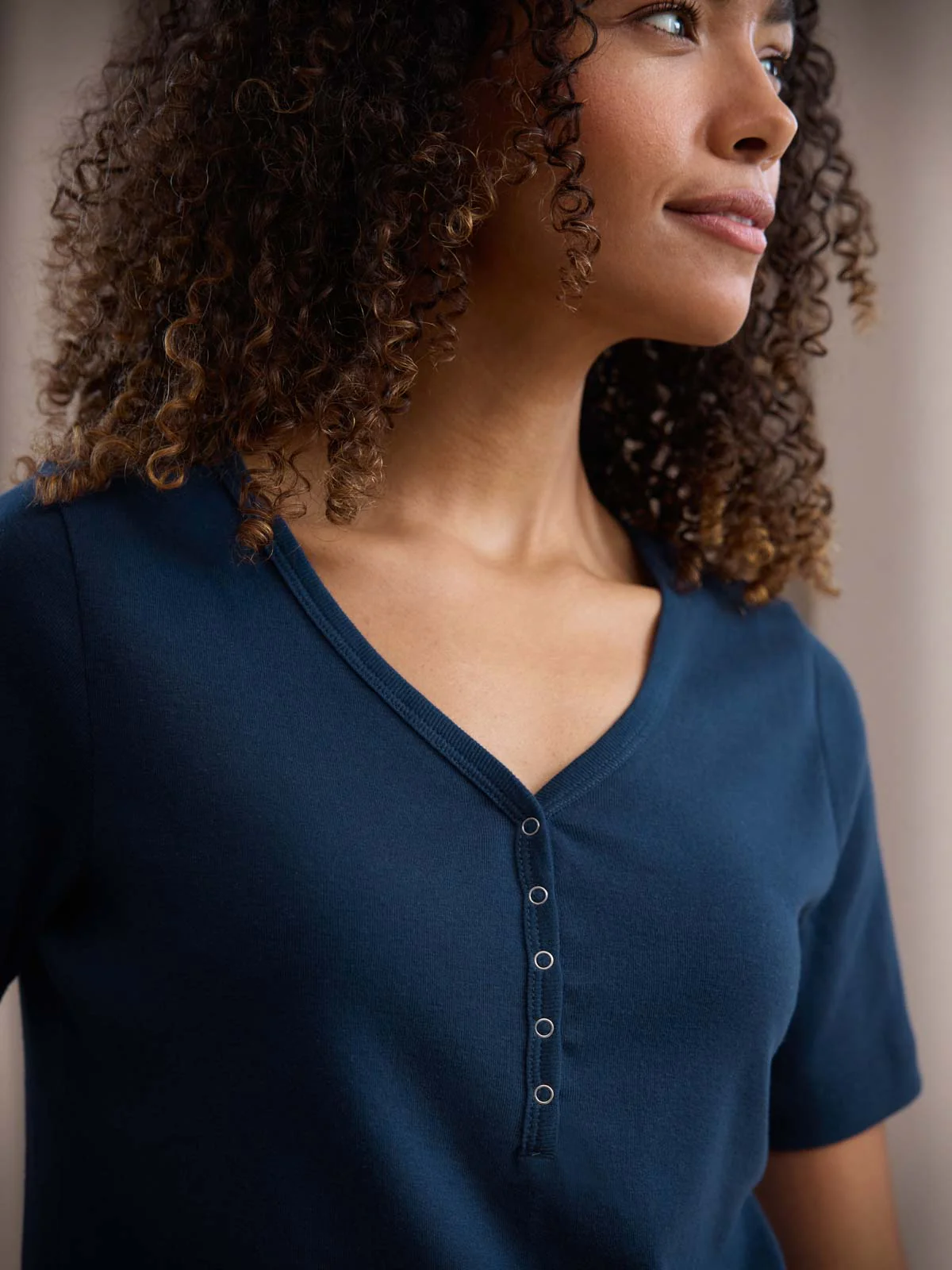 Short Sleeve Rib Henley Top - Navy - Flockneti