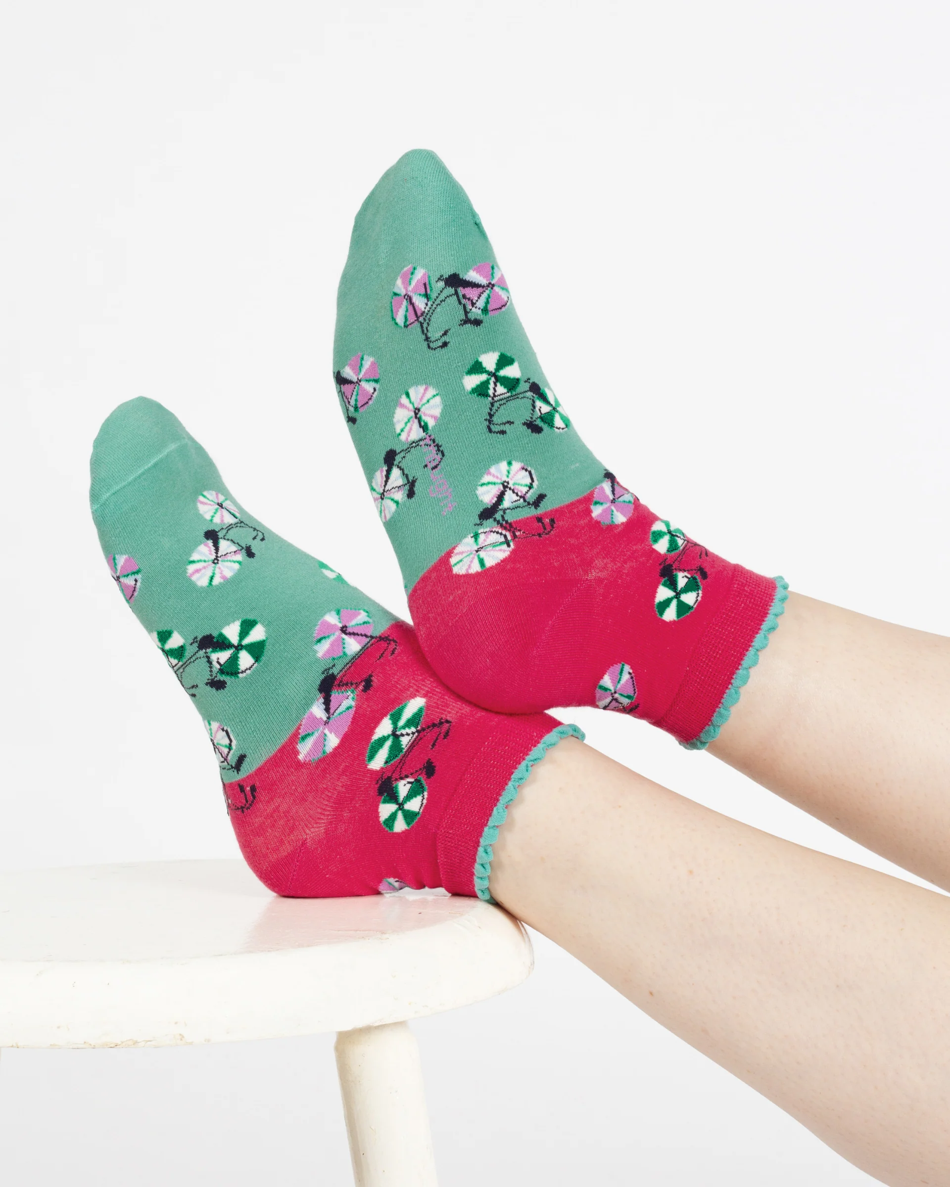 Bicycle Stripe Organic Cotton Ankle Socks - Coral/Green - Flockneti