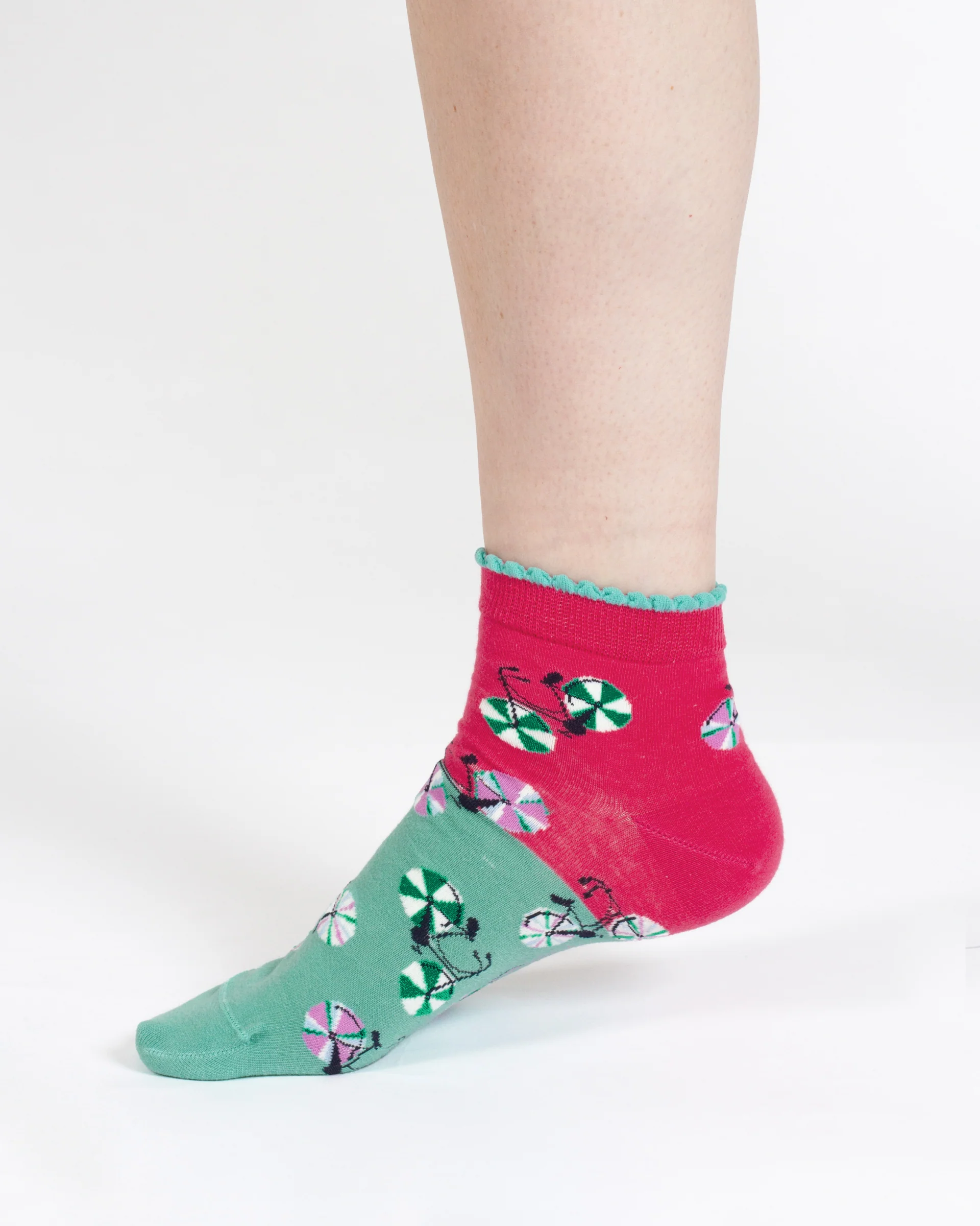 Bicycle Stripe Organic Cotton Ankle Socks - Coral/Green - Flockneti