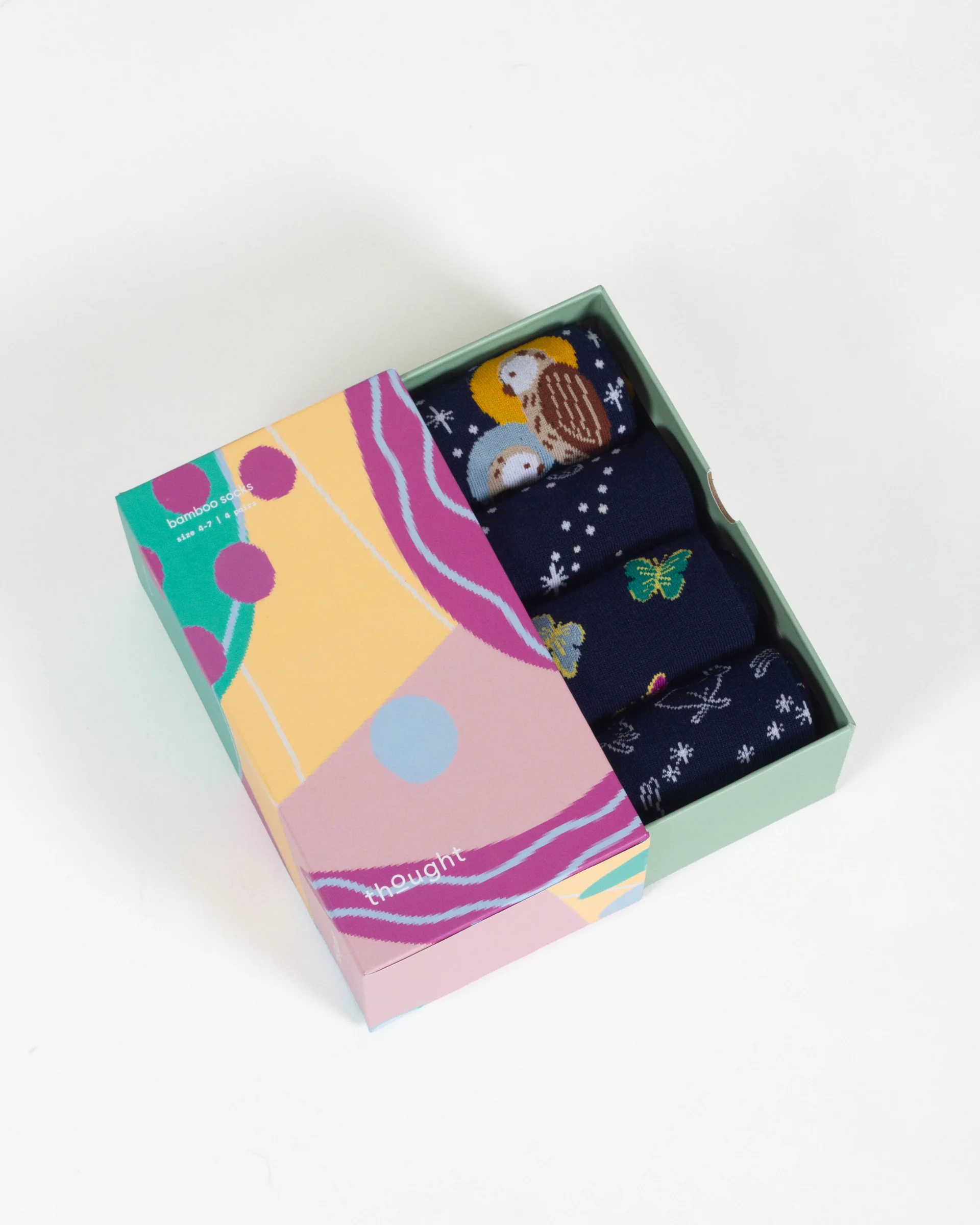 Starry Night Owl Bamboo Gift Box of 4 Socks - Blue Multi - Flockneti