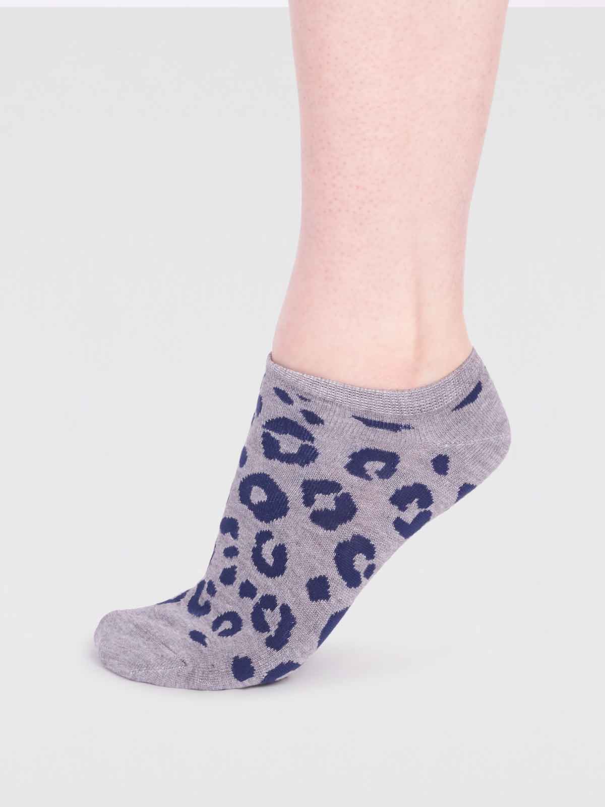 Reese Bamboo Leopard Print Trainer Socks - Grey Marle - Flockneti