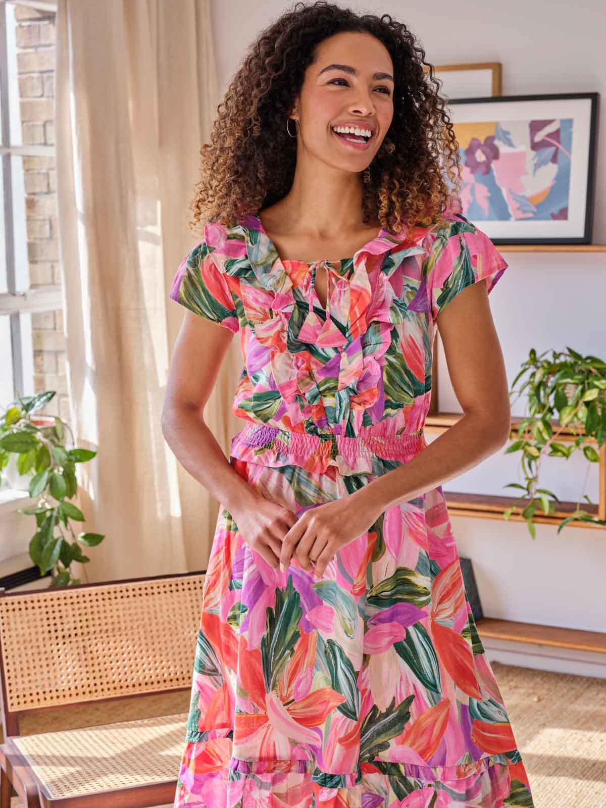 Adella Hemp Tropical Frill Dress - Multi - Flockneti