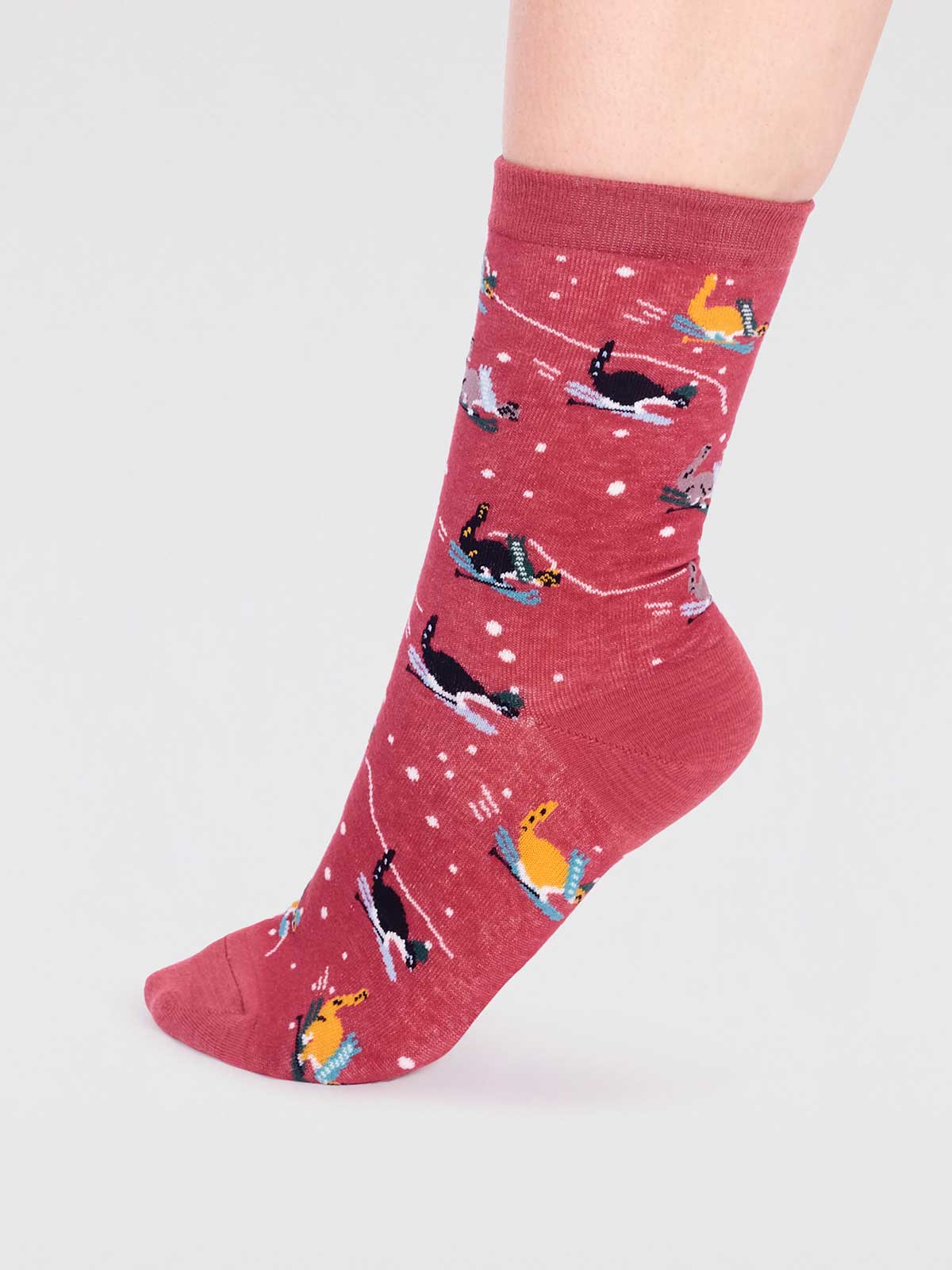 Amaryllis Organic Cotton Skiing Cat Sock - Brick Red - Flockneti