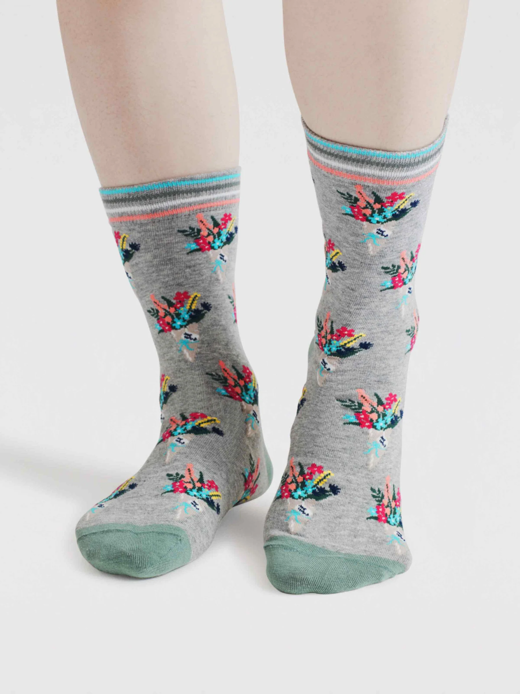 Ivie Floral Bouquet Organic Cotton Socks - Grey Marle - Flockneti