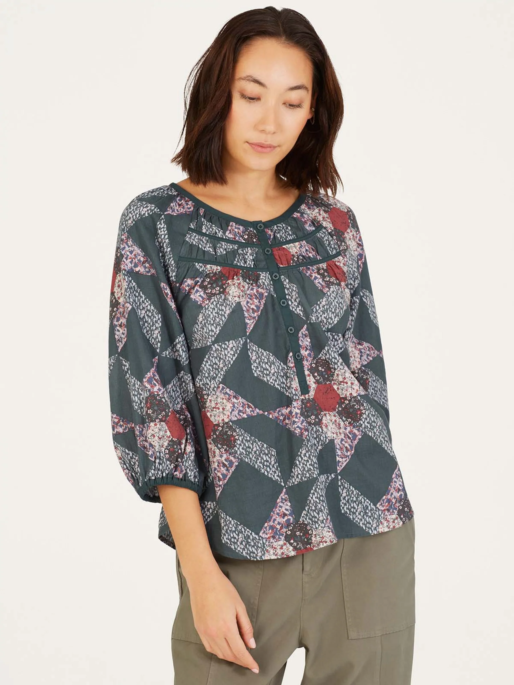 Tarni Hemp Patchwork Blouse - Dark Eucalyptus Green - Flockneti