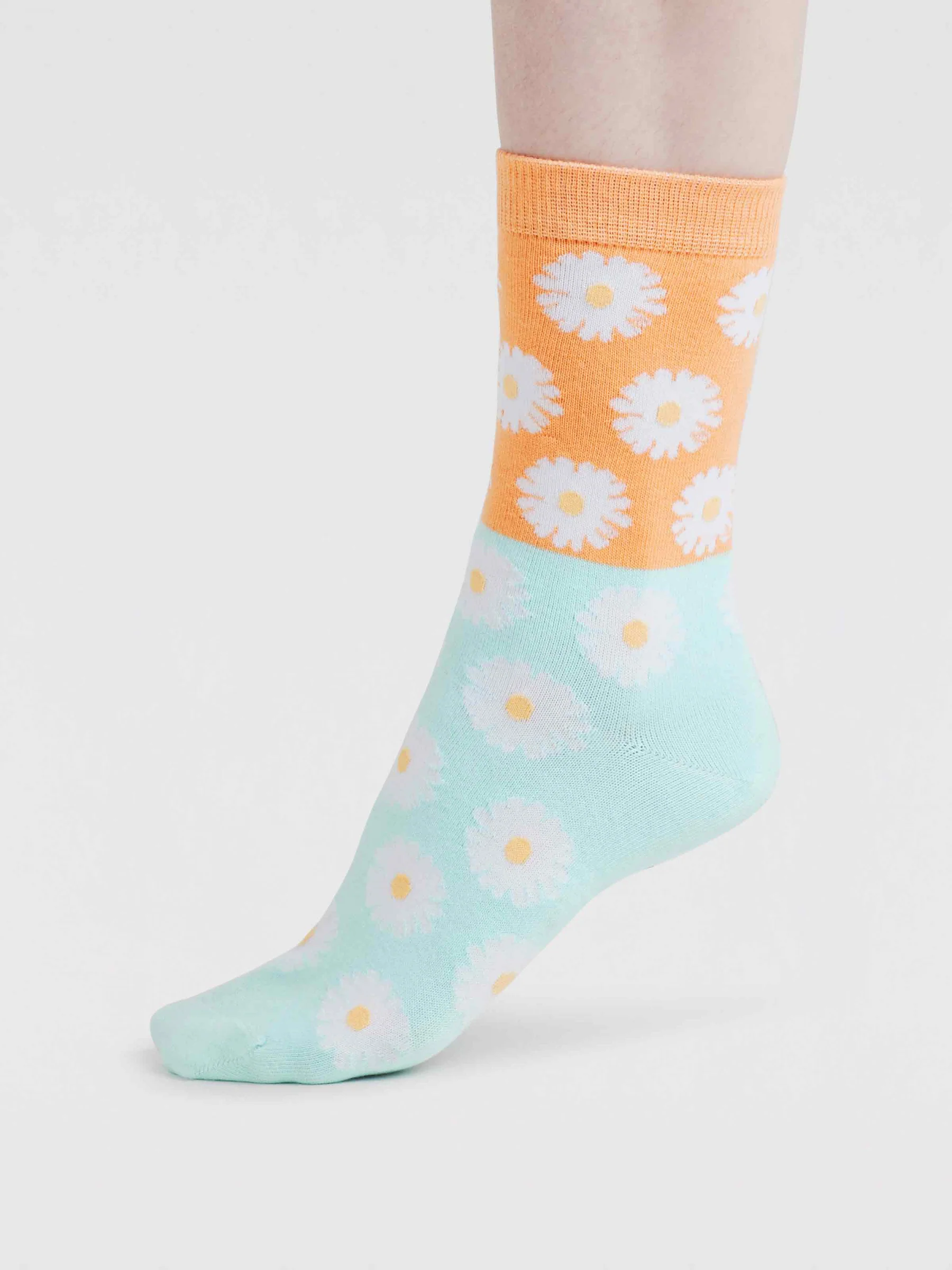 Womens Daisy Floral Organic Cotton Socks - Tangerine Orange - Flockneti