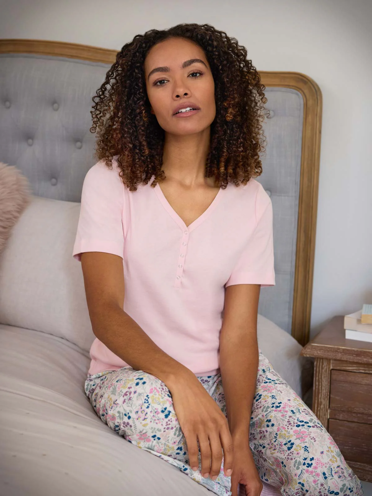 Short Sleeve Rib Henley Top - Pink - Flockneti