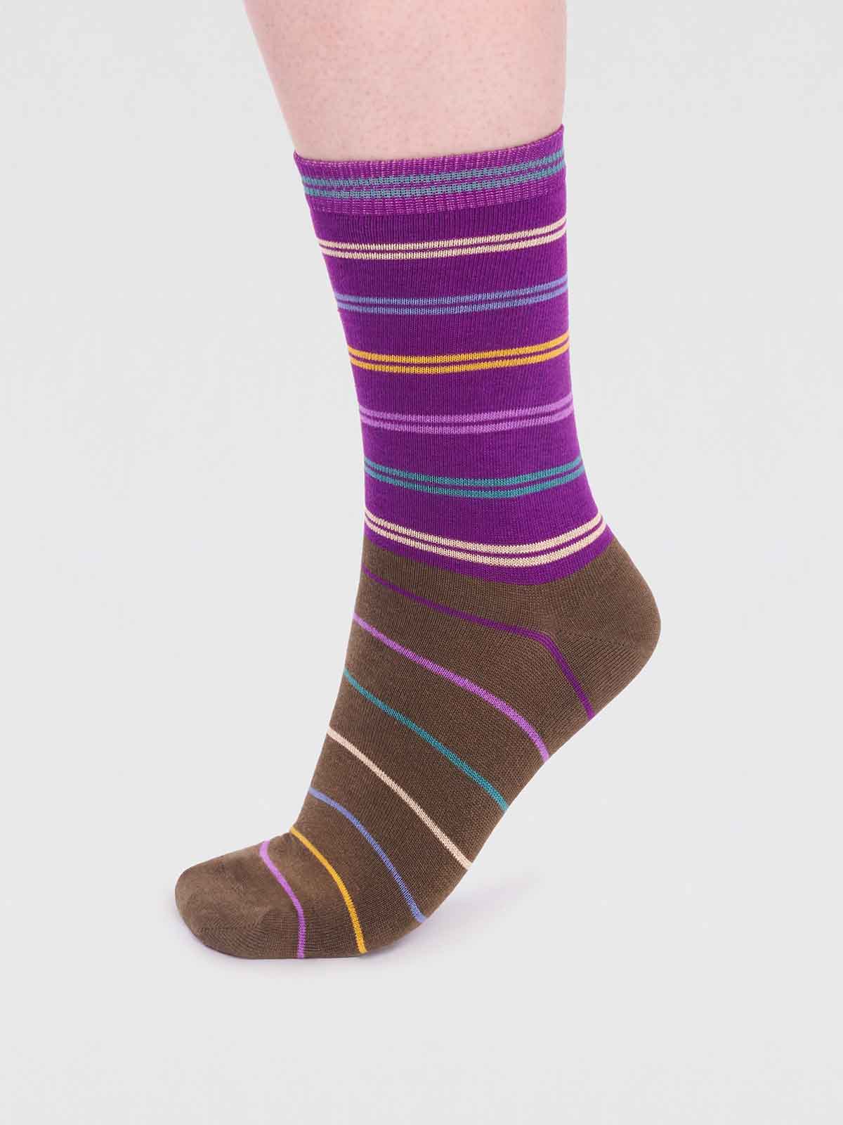 Lauryn Bamboo Stripe Socks - Plum Purple - Flockneti