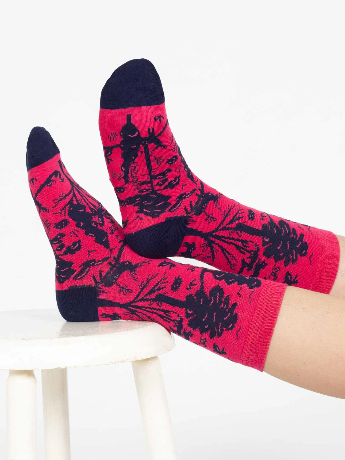 Woodland Scene Organic Cotton Crew Socks - Pink Navy - Flockneti
