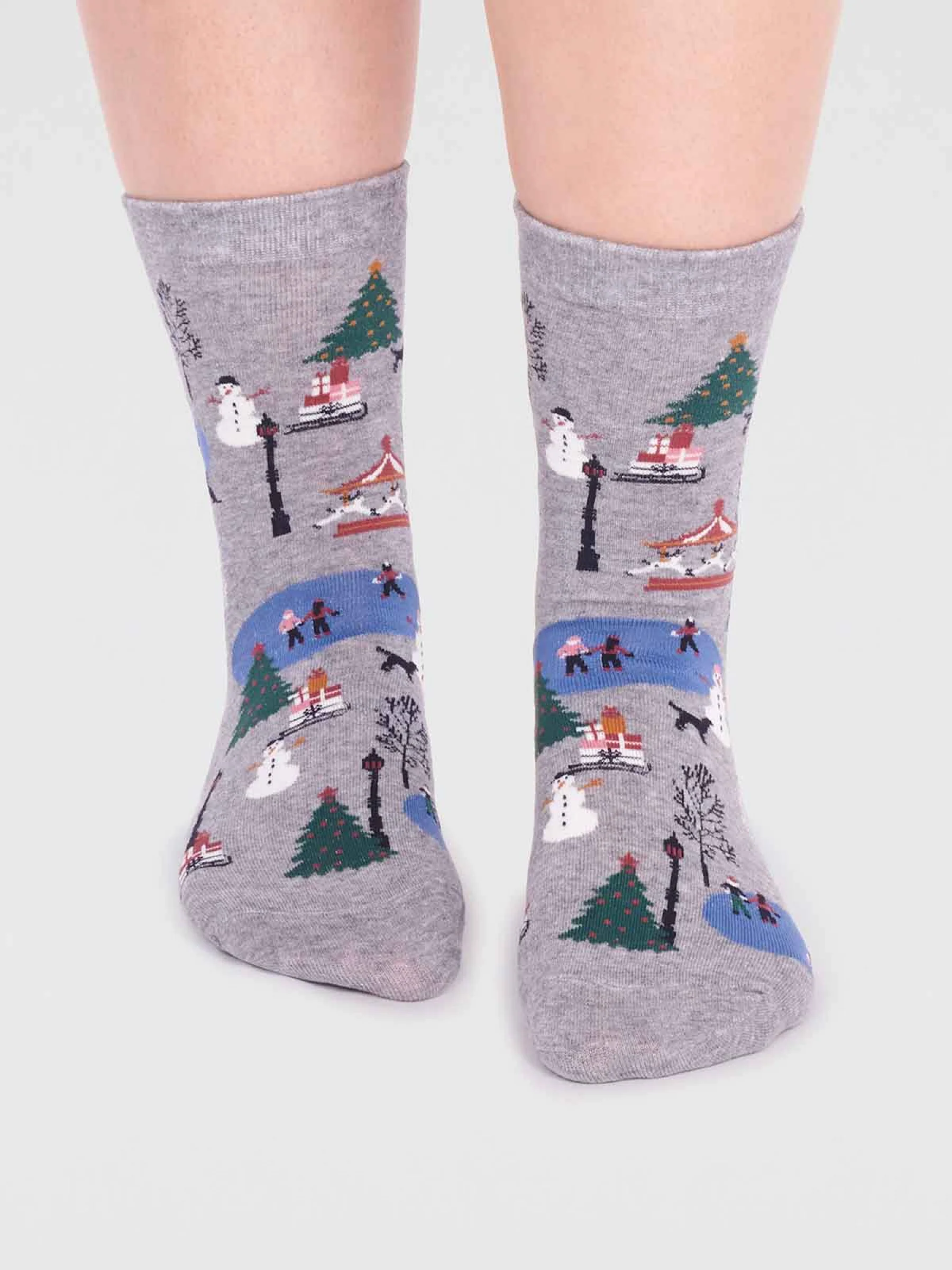 Gloria Organic Cotton Christmas Scene Sock - Grey Marle - Flockneti